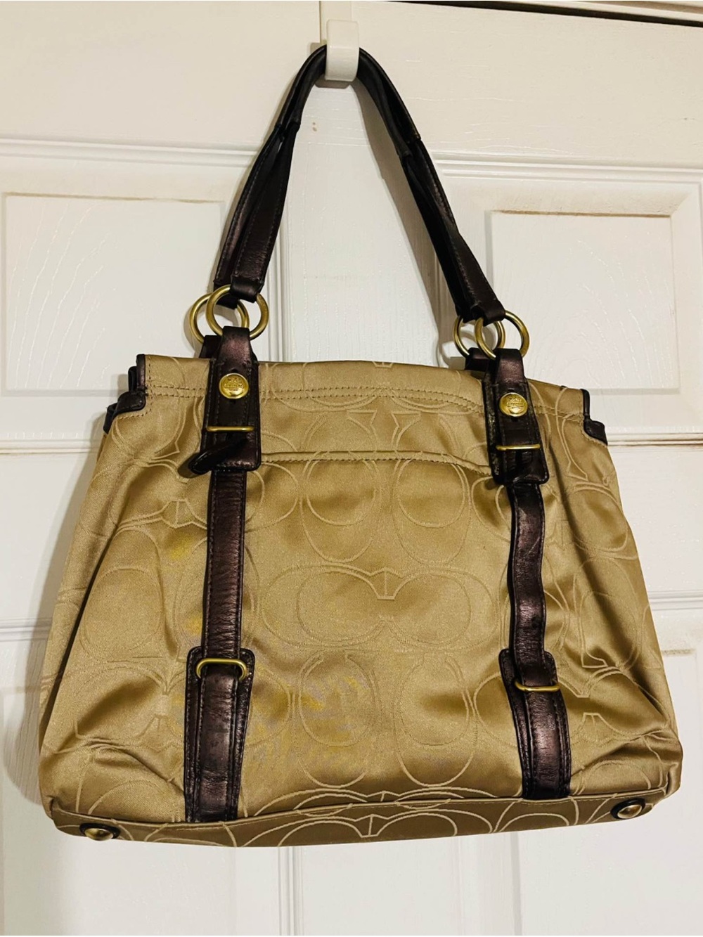 Coach Khaki Signature Shoulder Bag with Dark Brown Leather Trim